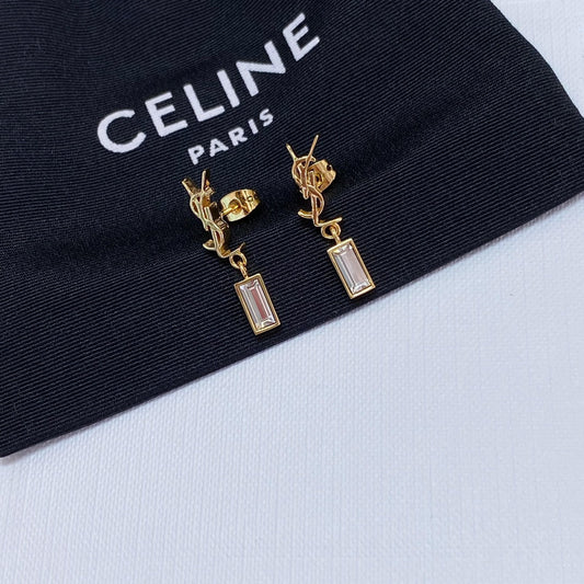 ysl minimalist hollowed out letter inlaid diamond gold pendant earrings eha106