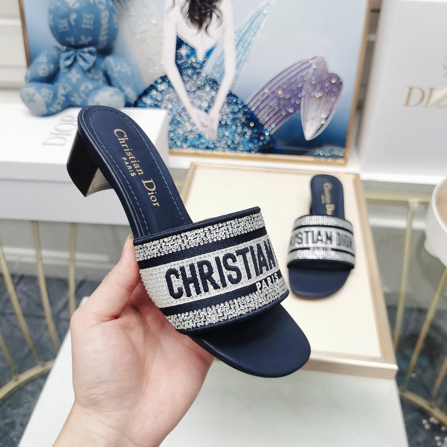 dior summer popular genuine leather thick heel electric embroidery hot diamond slippers black sandals xzh87