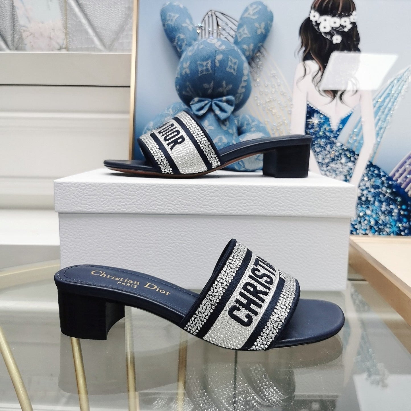 dior summer popular genuine leather thick heel electric embroidery hot diamond slippers black sandals xzh87