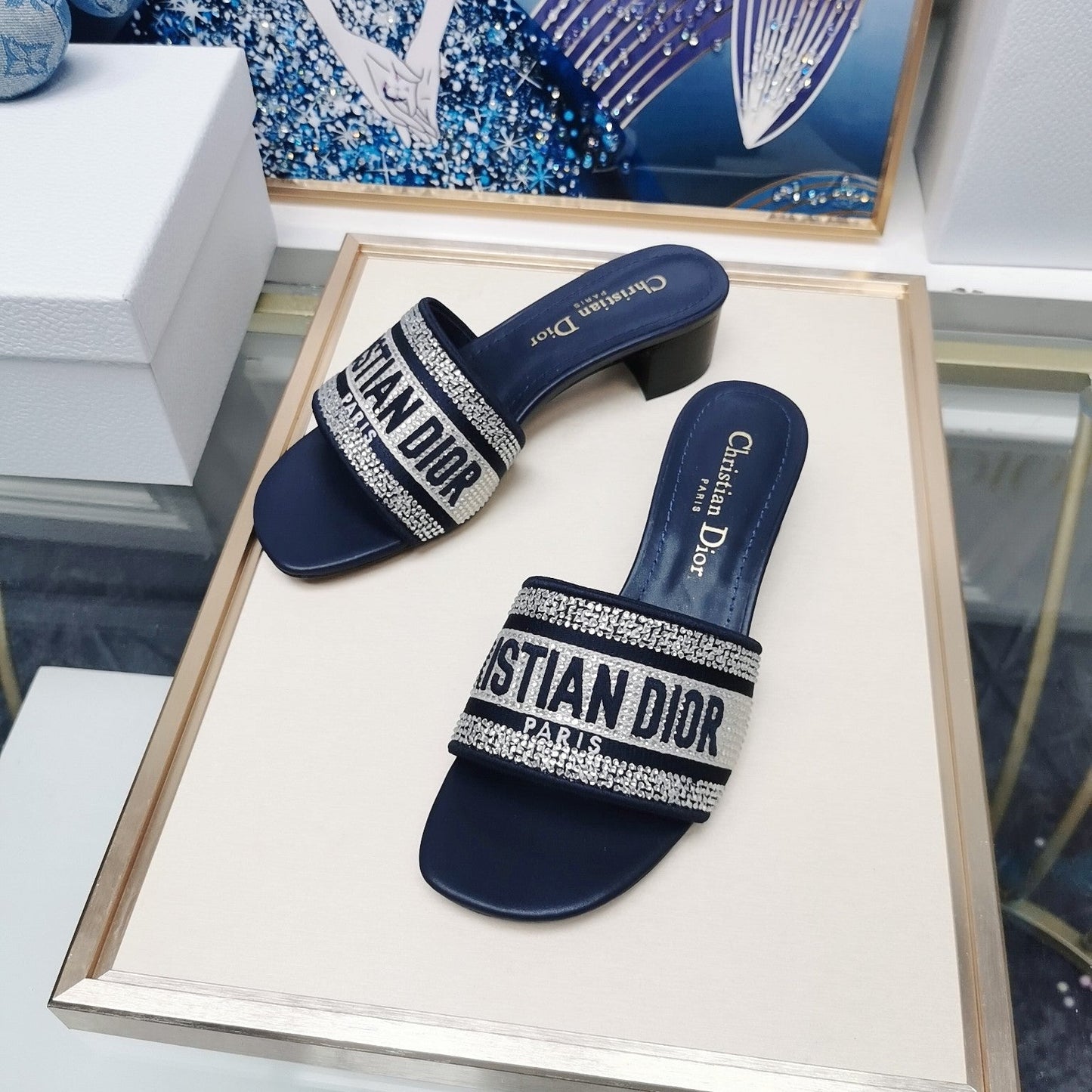 dior summer popular genuine leather thick heel electric embroidery hot diamond slippers black sandals xzh87
