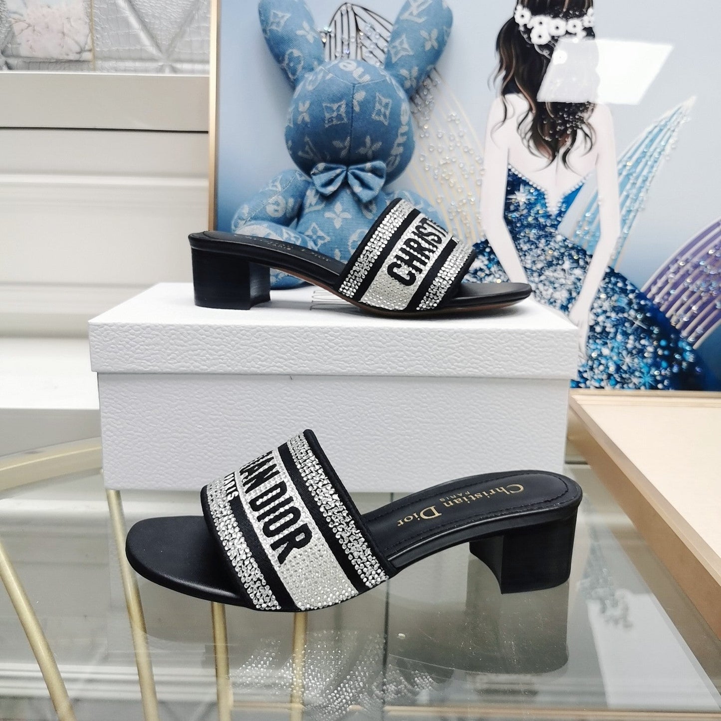 dior summer popular genuine leather thick heel electric embroidery hot diamond slippers black sandals xzh87