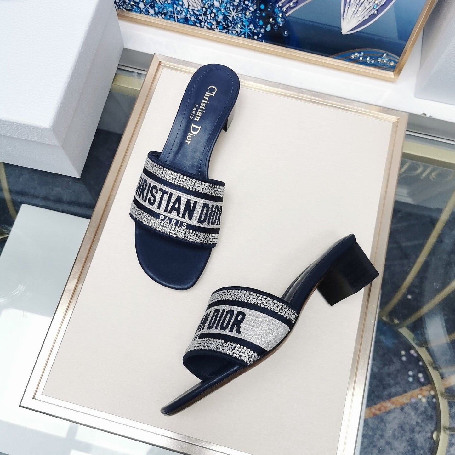 dior summer popular genuine leather thick heel electric embroidery hot diamond slippers black sandals xzh87