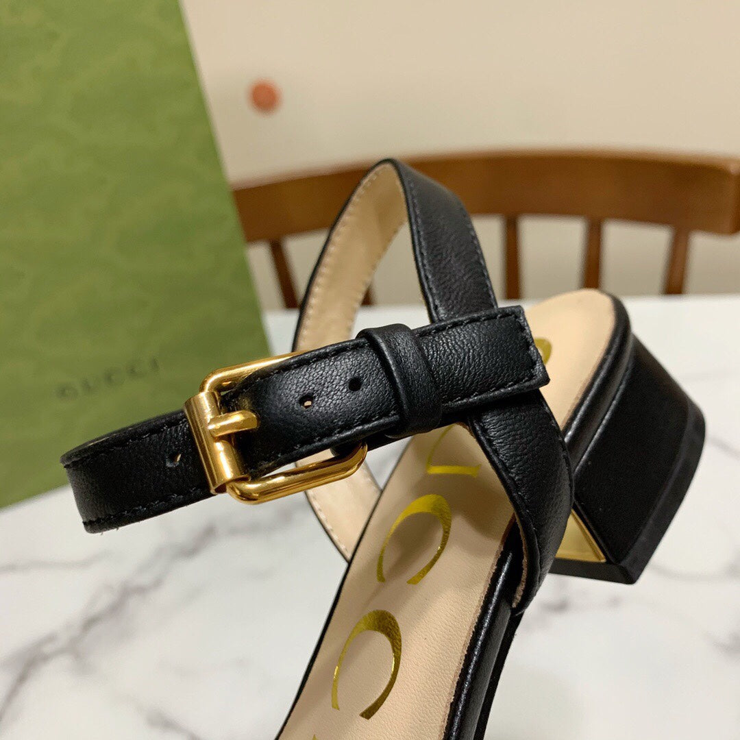 Square toe open toe thick heel black ugly and cute sandals XZH165