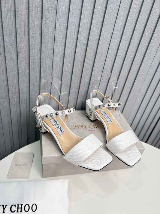 Summer Square Headed Open Toe Casual White One line Strap Medium Thick Heel Sandals XZH109