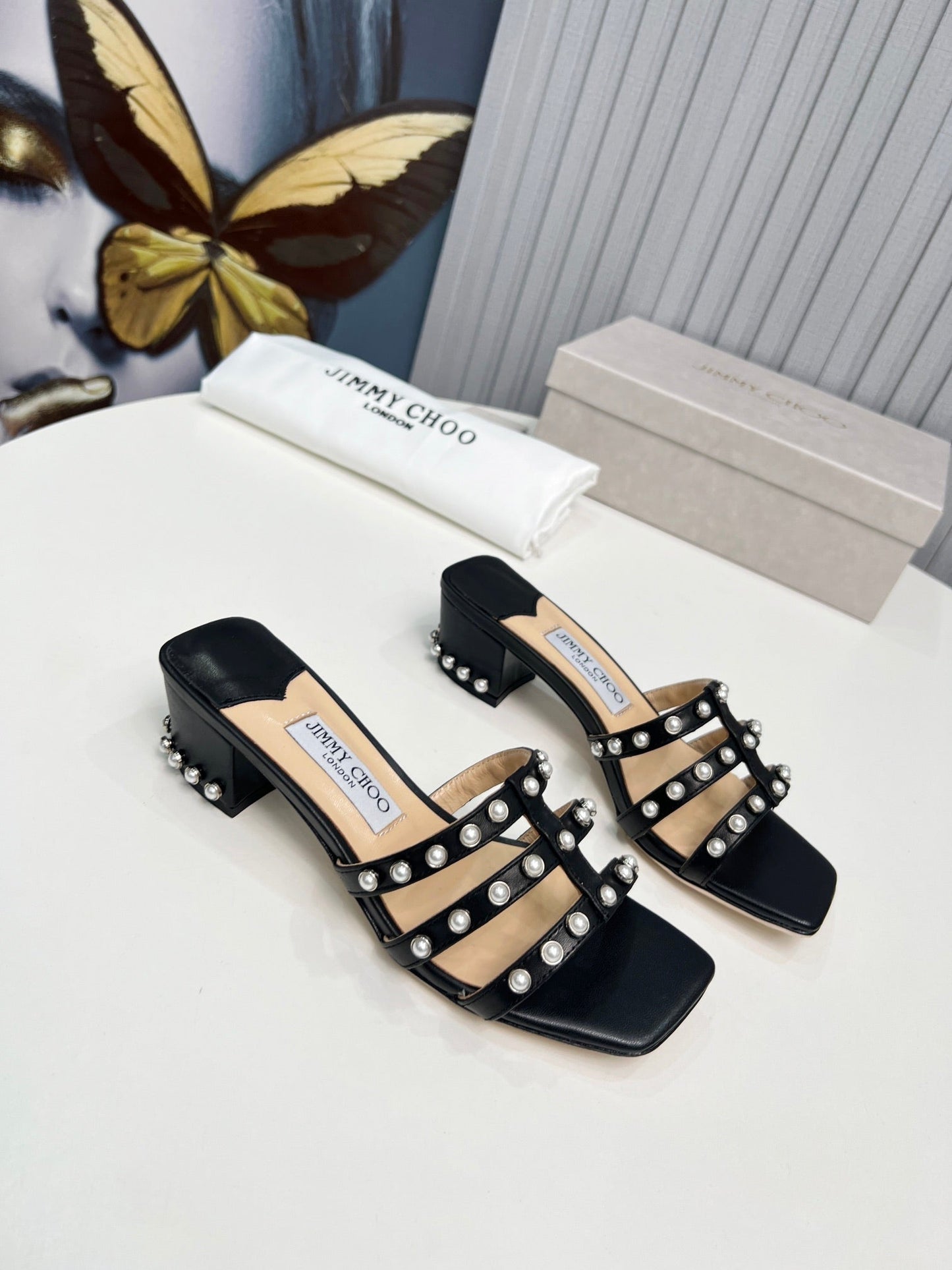 New black square toe pearl sandals with thick heels and slippers XZH102