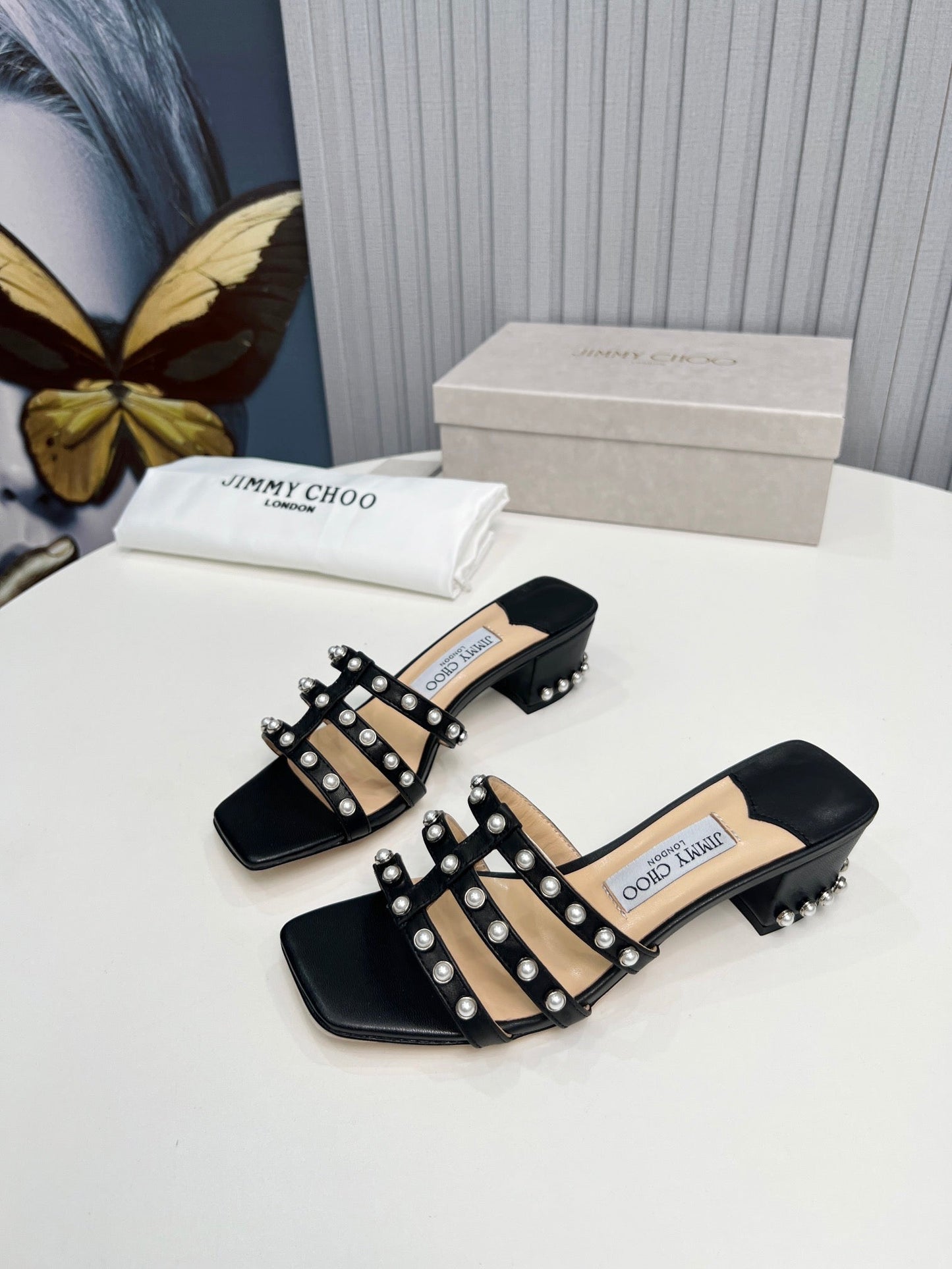 New black square toe pearl sandals with thick heels and slippers XZH102