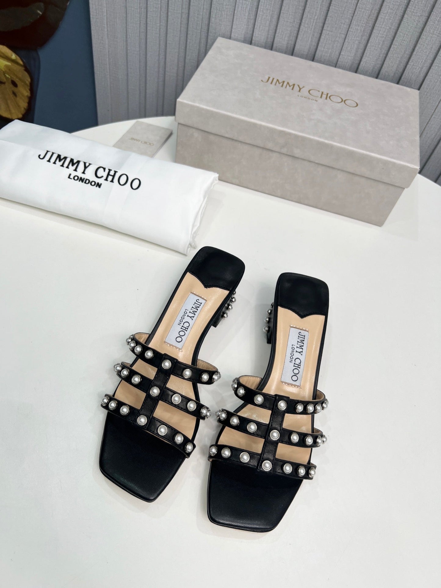 New black square toe pearl sandals with thick heels and slippers XZH102