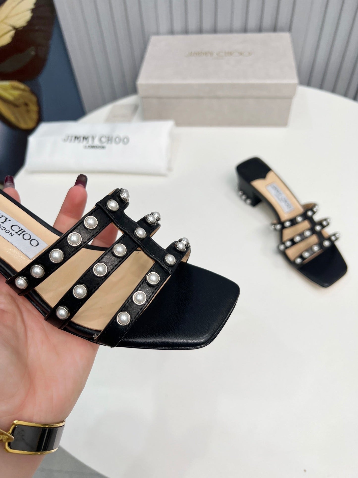 New black square toe pearl sandals with thick heels and slippers XZH102