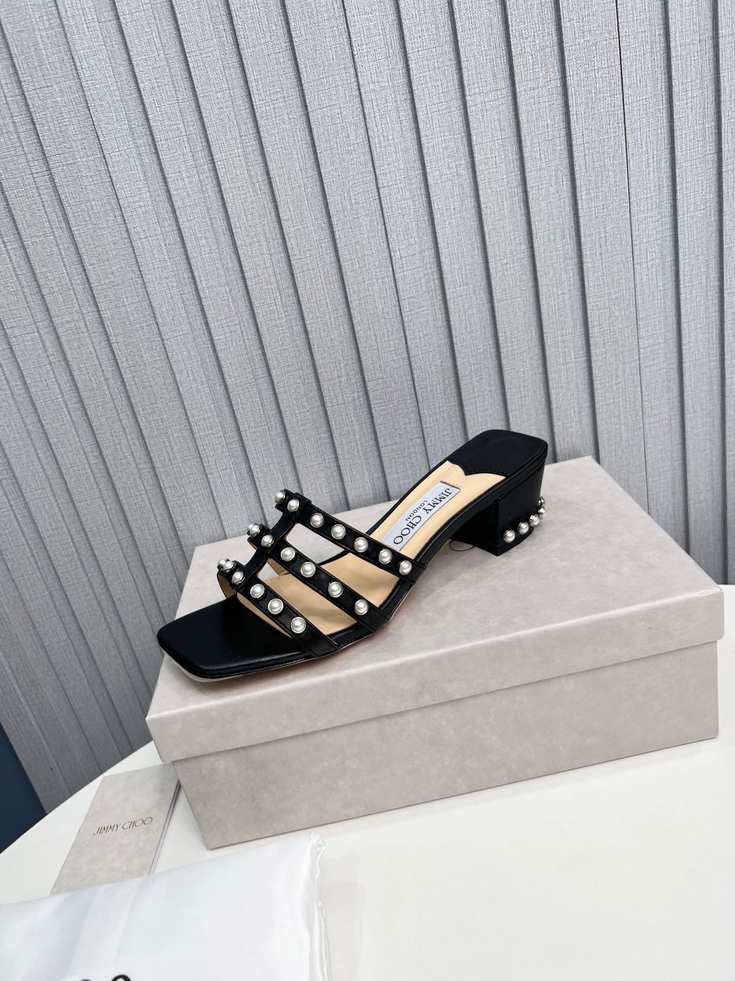 New black square toe pearl sandals with thick heels and slippers XZH102