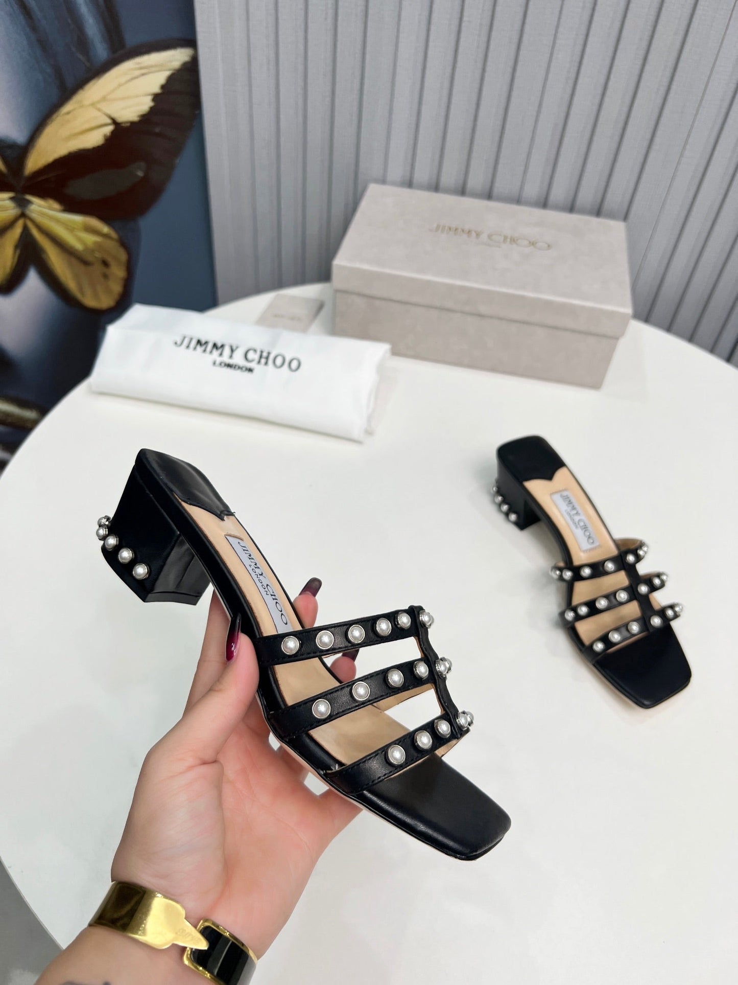 New black square toe pearl sandals with thick heels and slippers XZH102