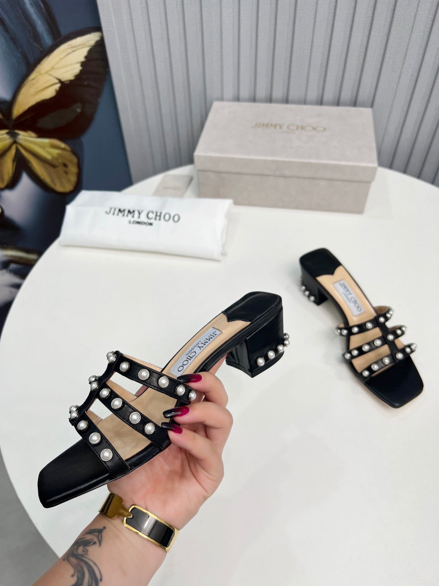 New black square toe pearl sandals with thick heels and slippers XZH102