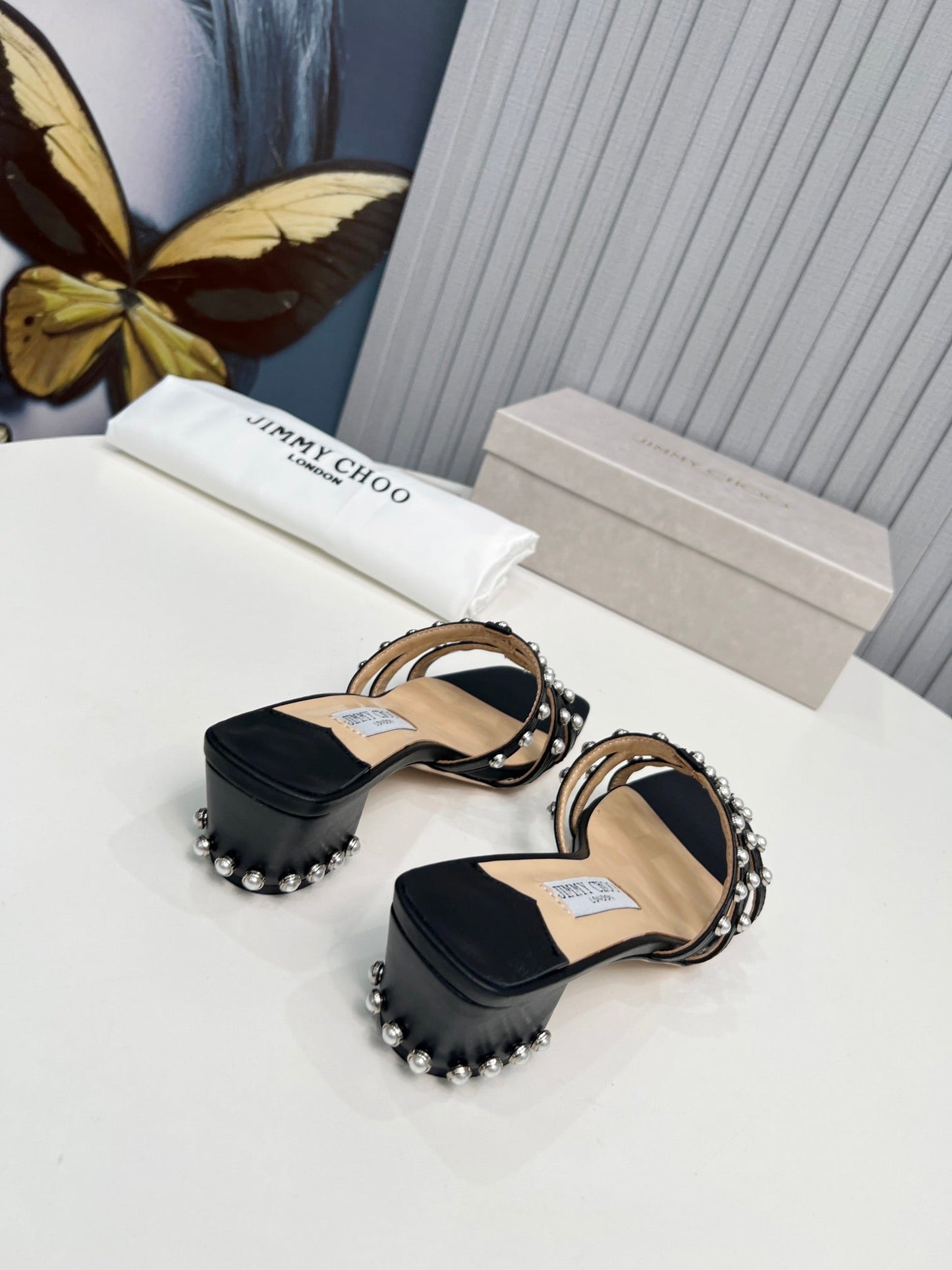 New black square toe pearl sandals with thick heels and slippers XZH102