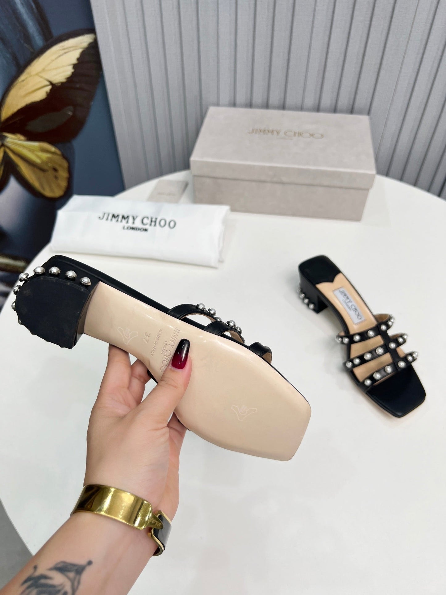 New black square toe pearl sandals with thick heels and slippers XZH102