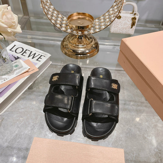 Miumiu Black Thick Sole Soft Sole Velcro Sandals XZH191