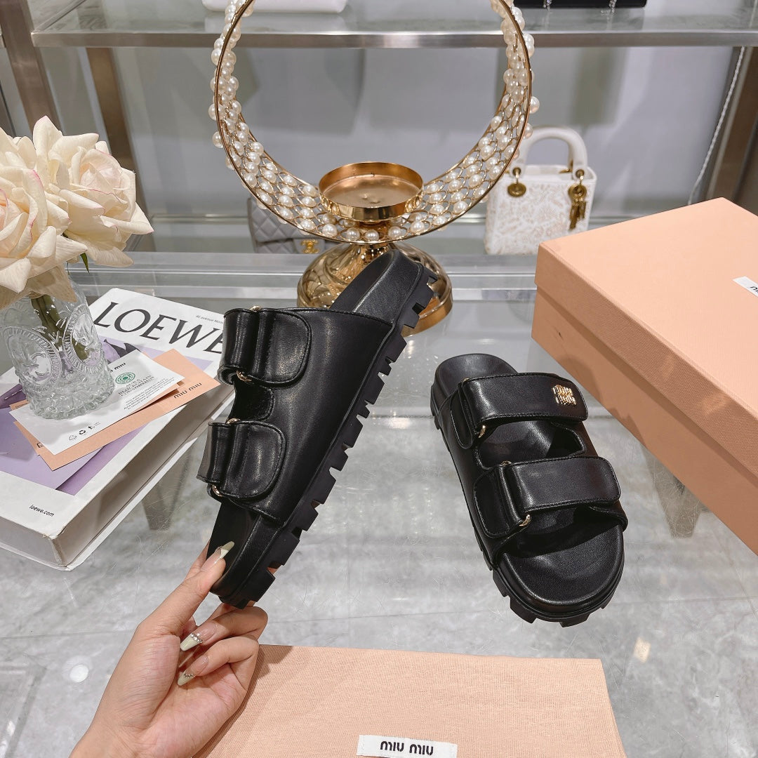 Miumiu Black Thick Sole Soft Sole Velcro Sandals XZH191