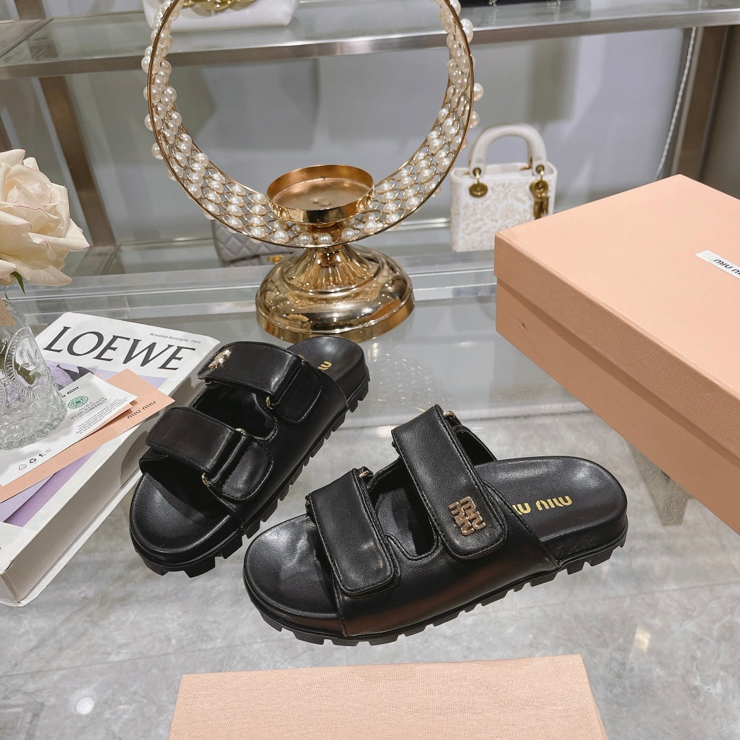 Miumiu Black Thick Sole Soft Sole Velcro Sandals XZH191