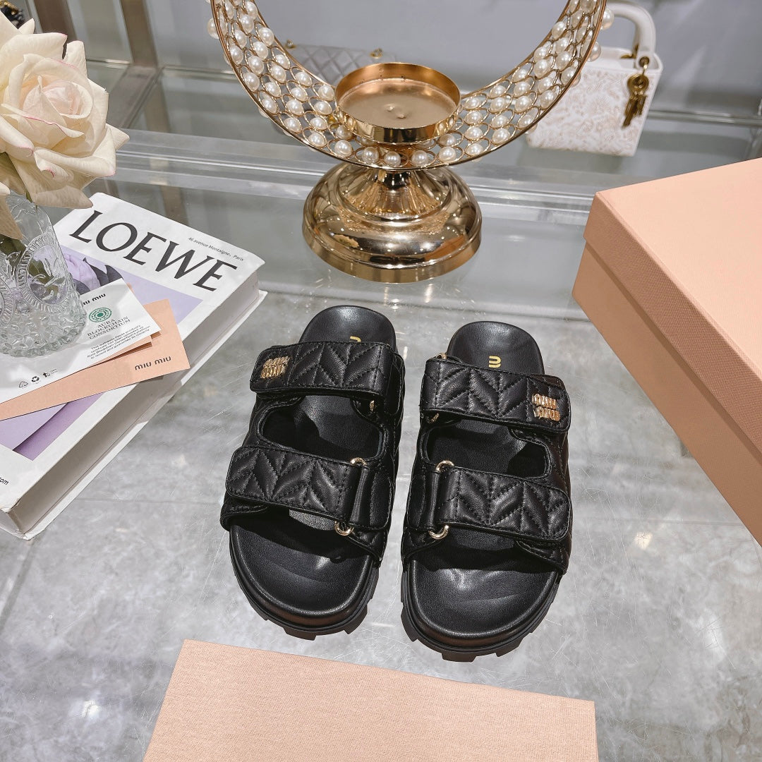 Miumiu black diamond patterned soft sole Velcro sandals XZH193