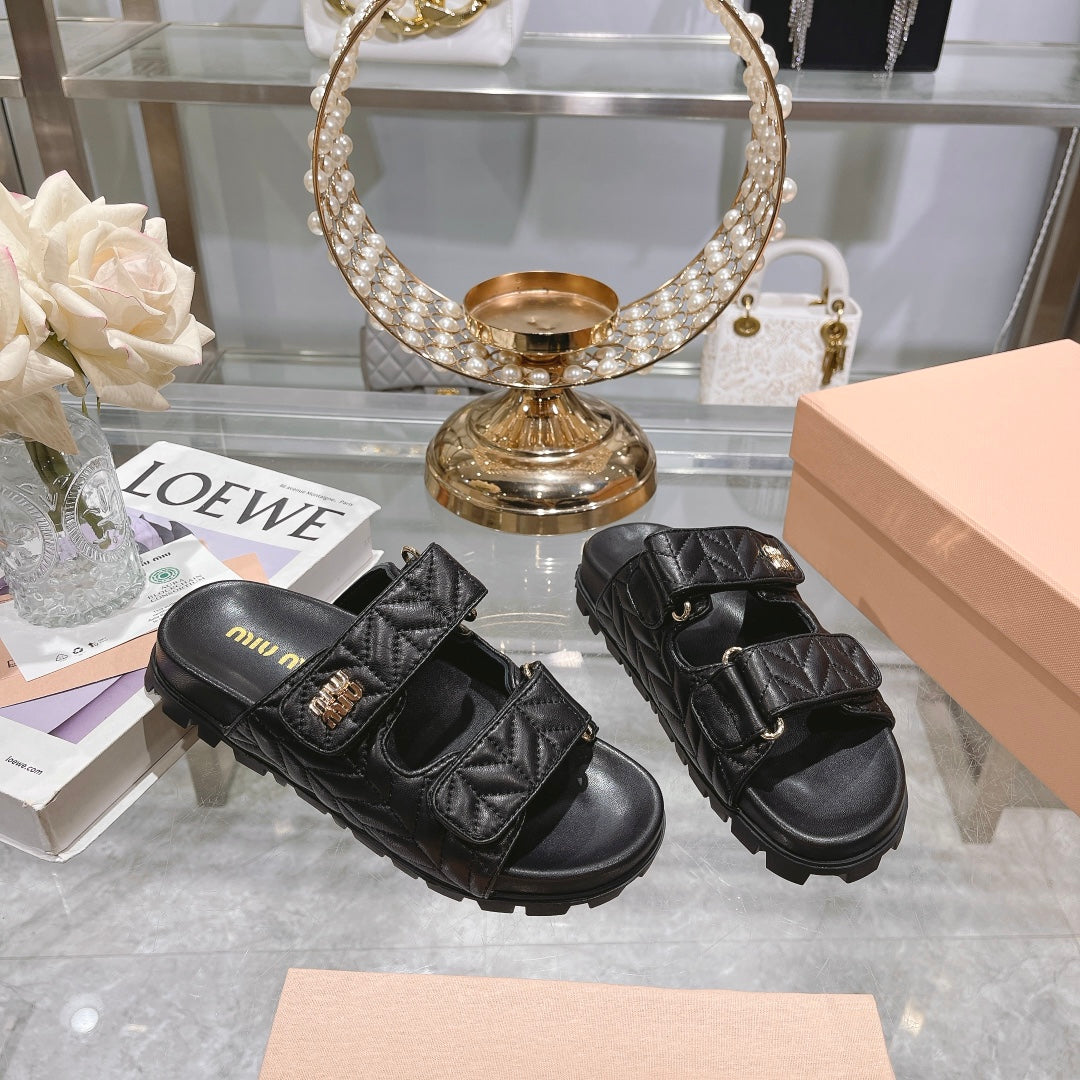 Miumiu black diamond patterned soft sole Velcro sandals XZH193