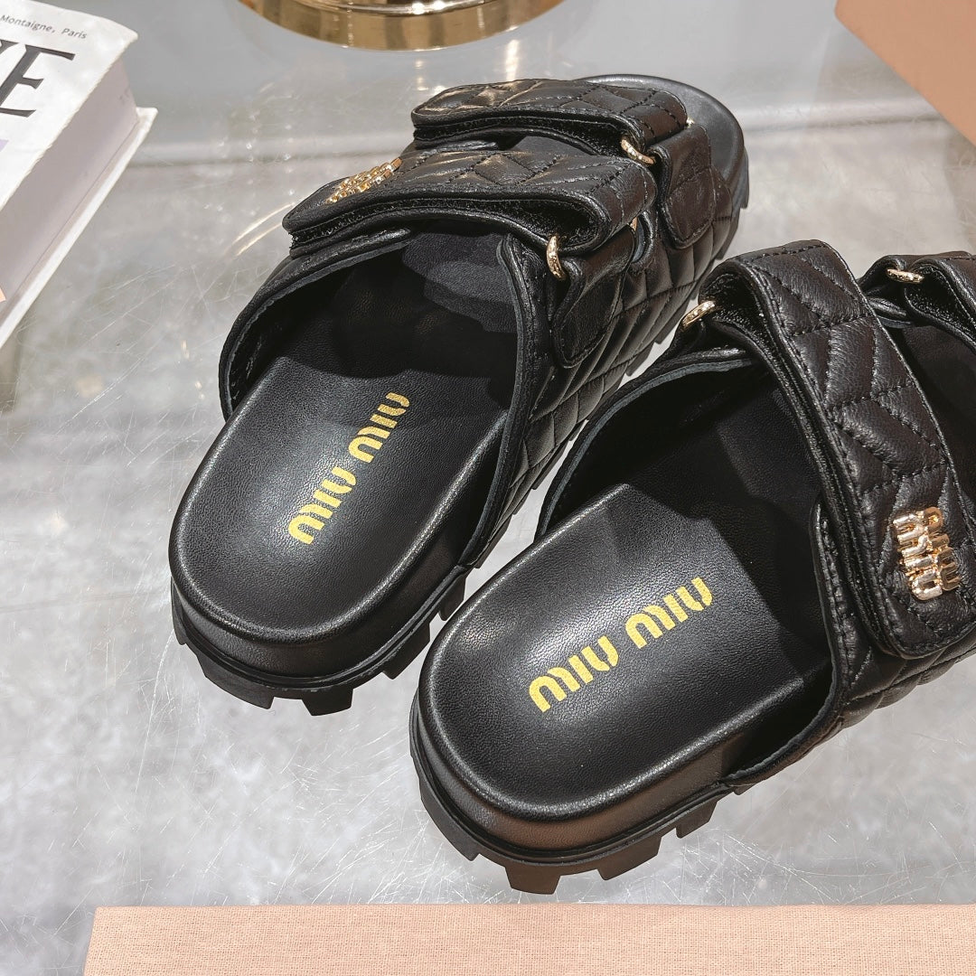 Miumiu black diamond patterned soft sole Velcro sandals XZH193