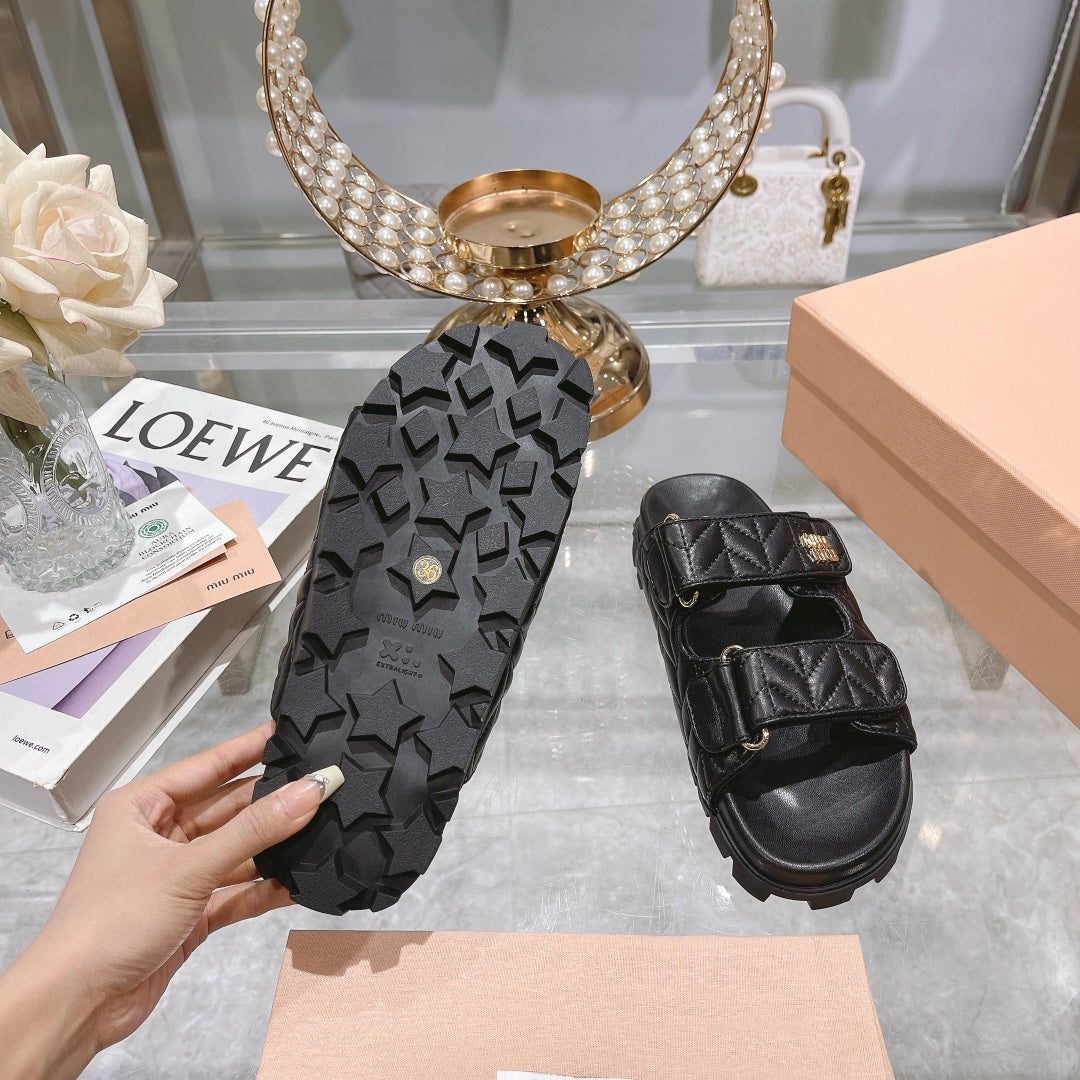 Miumiu black diamond patterned soft sole Velcro sandals XZH193