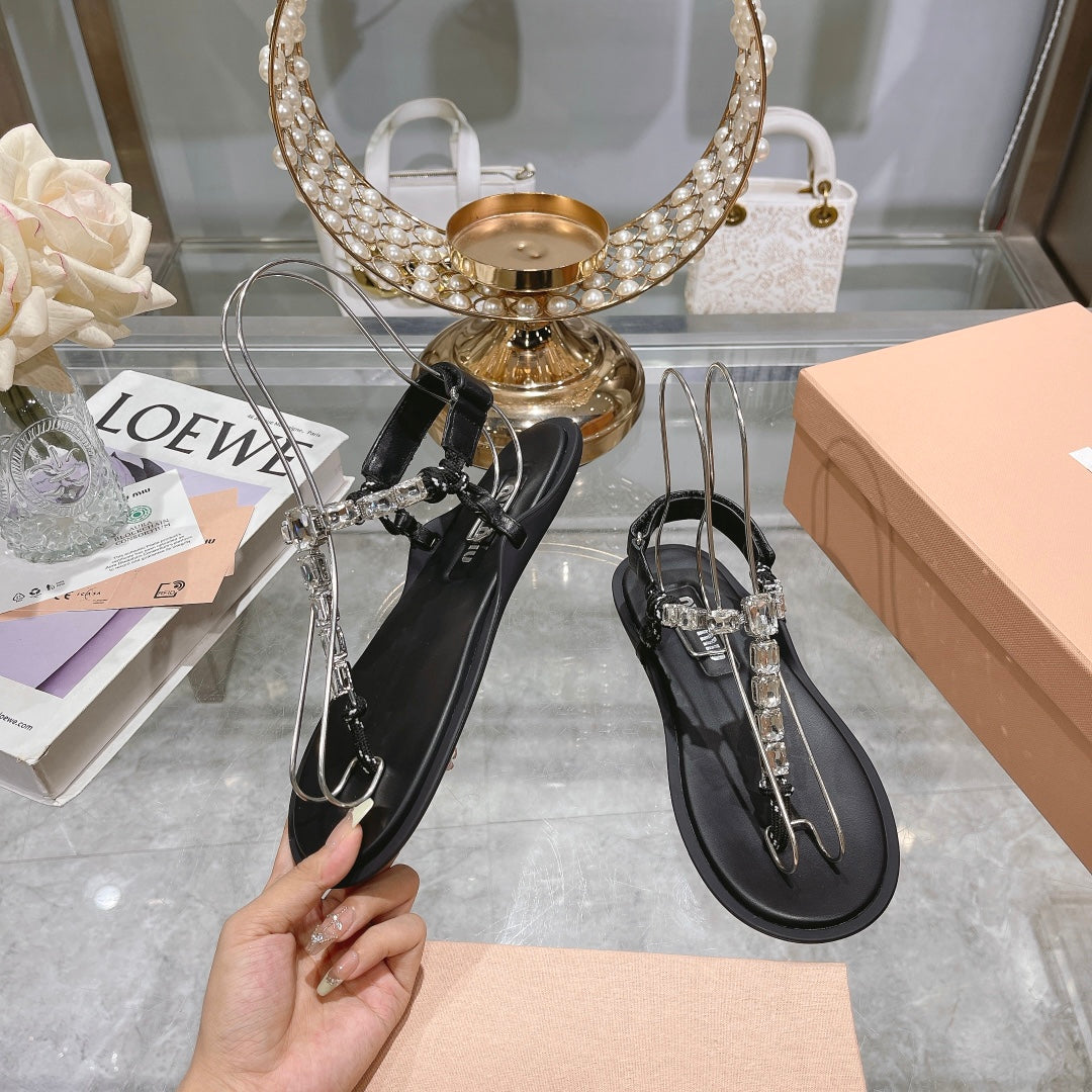 Leisure transparent rhinestone toe clip flat sandals, flat vacation slippers XZH99