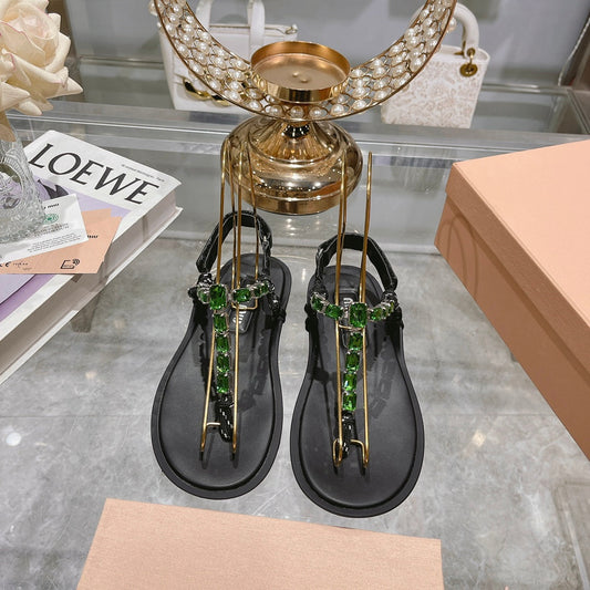 Roman sparkling green rhinestone toe clip flat sandals with knot holiday slippers XZH95