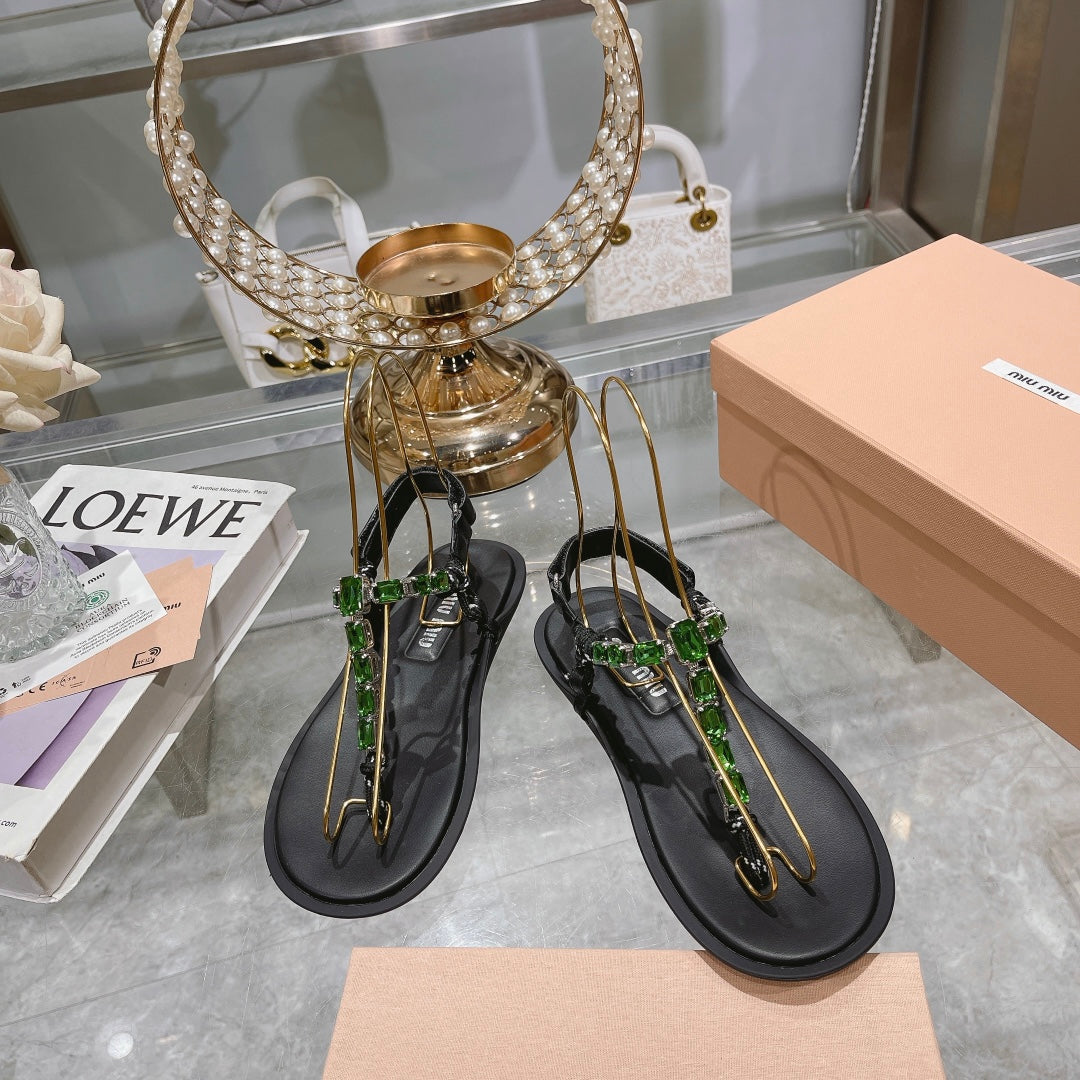 Roman sparkling green rhinestone toe clip flat sandals with knot holiday slippers XZH95