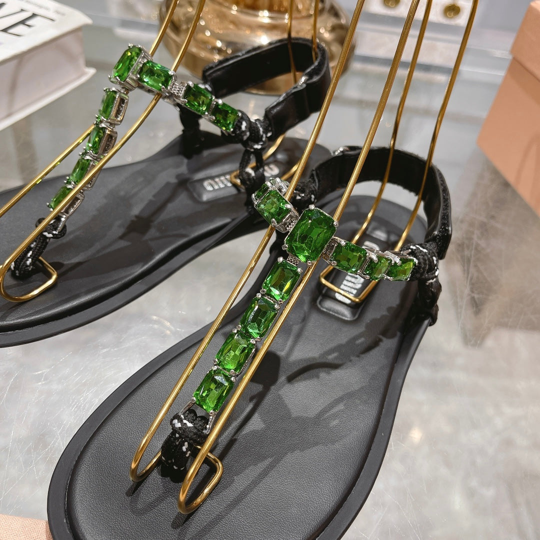 Roman sparkling green rhinestone toe clip flat sandals with knot holiday slippers XZH95