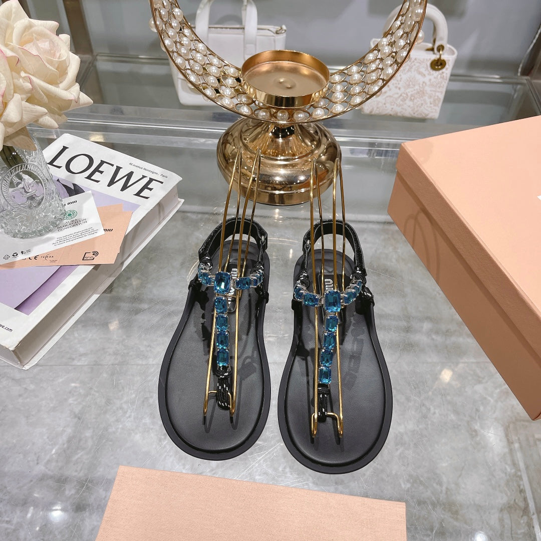 Fashionable and versatile blue rhinestone clip toe flat sandals, vacation slippers XZH96