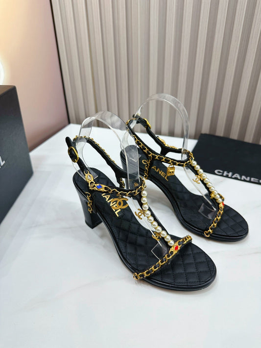 CHANEL Summer Black Open Toe Checkered Sheepskin Pearl Metal Chain Thick Heels Seasonal Sandals Single Shoes XZH91