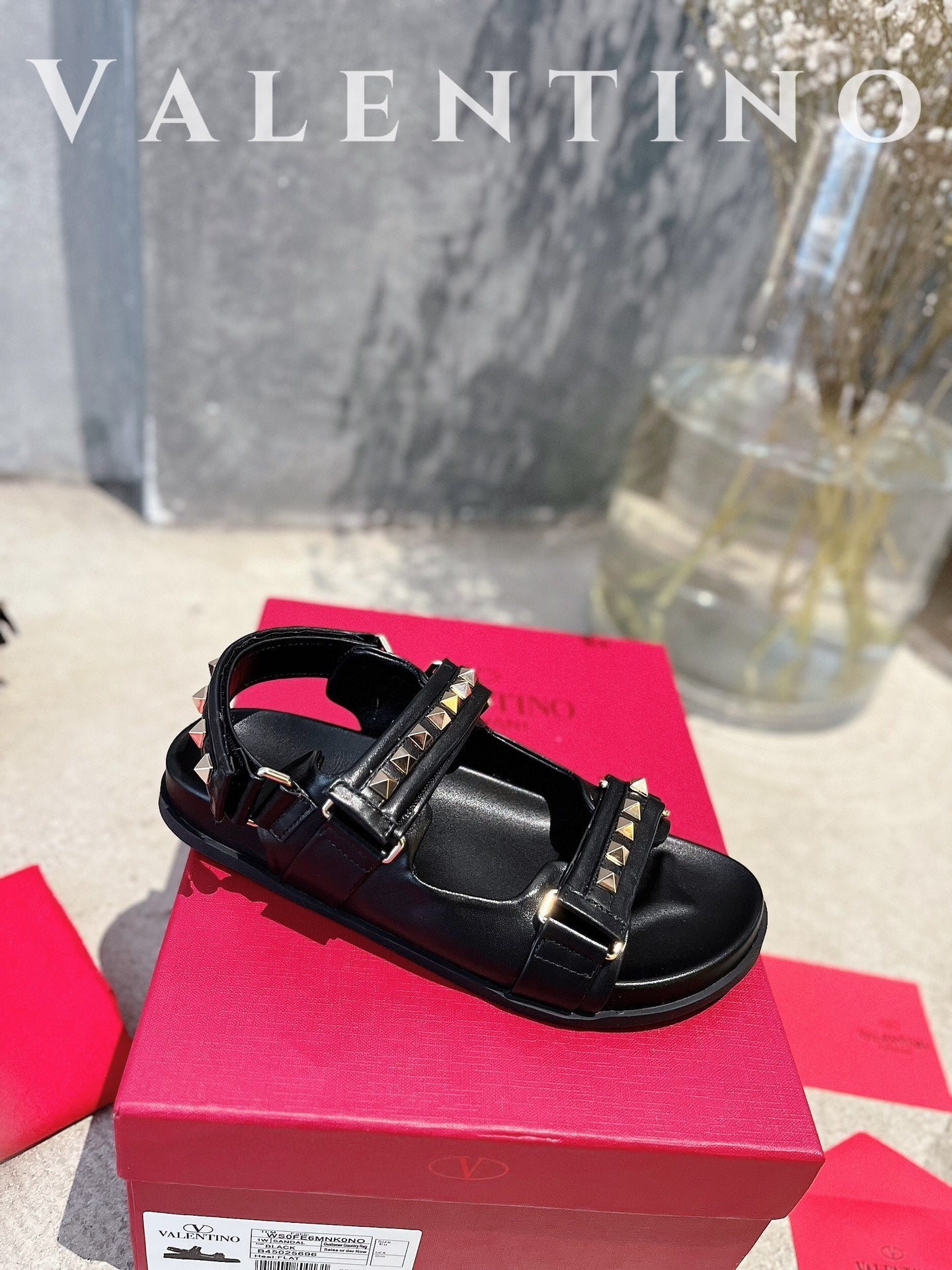 valentino summer new black beach sports velcro beach rivet cowhide sandals xzh128
