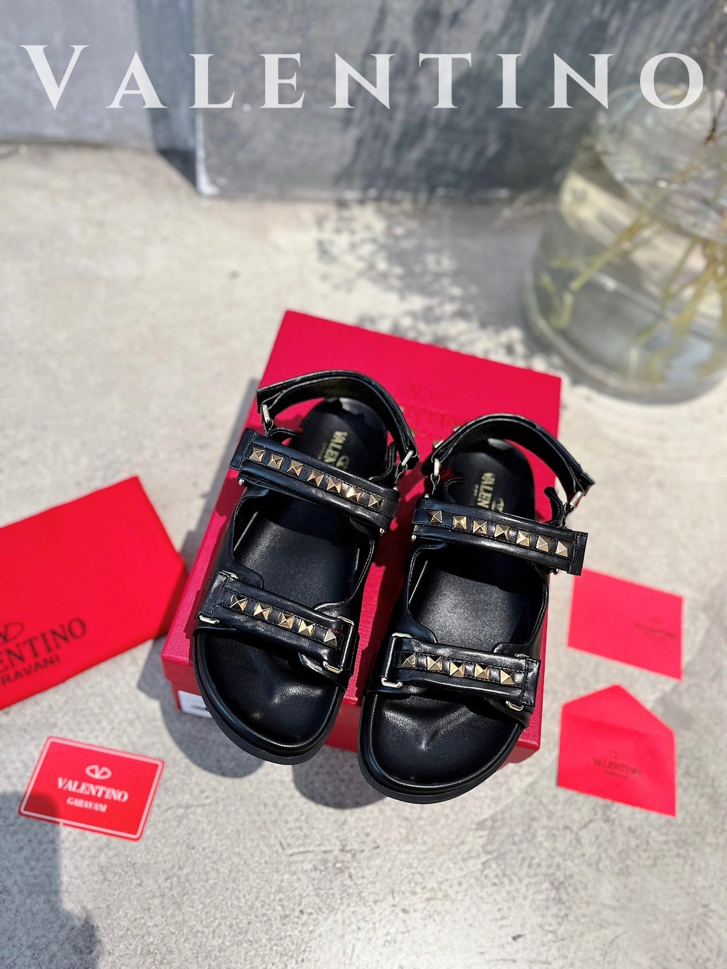 valentino summer new black beach sports velcro beach rivet cowhide sandals xzh128