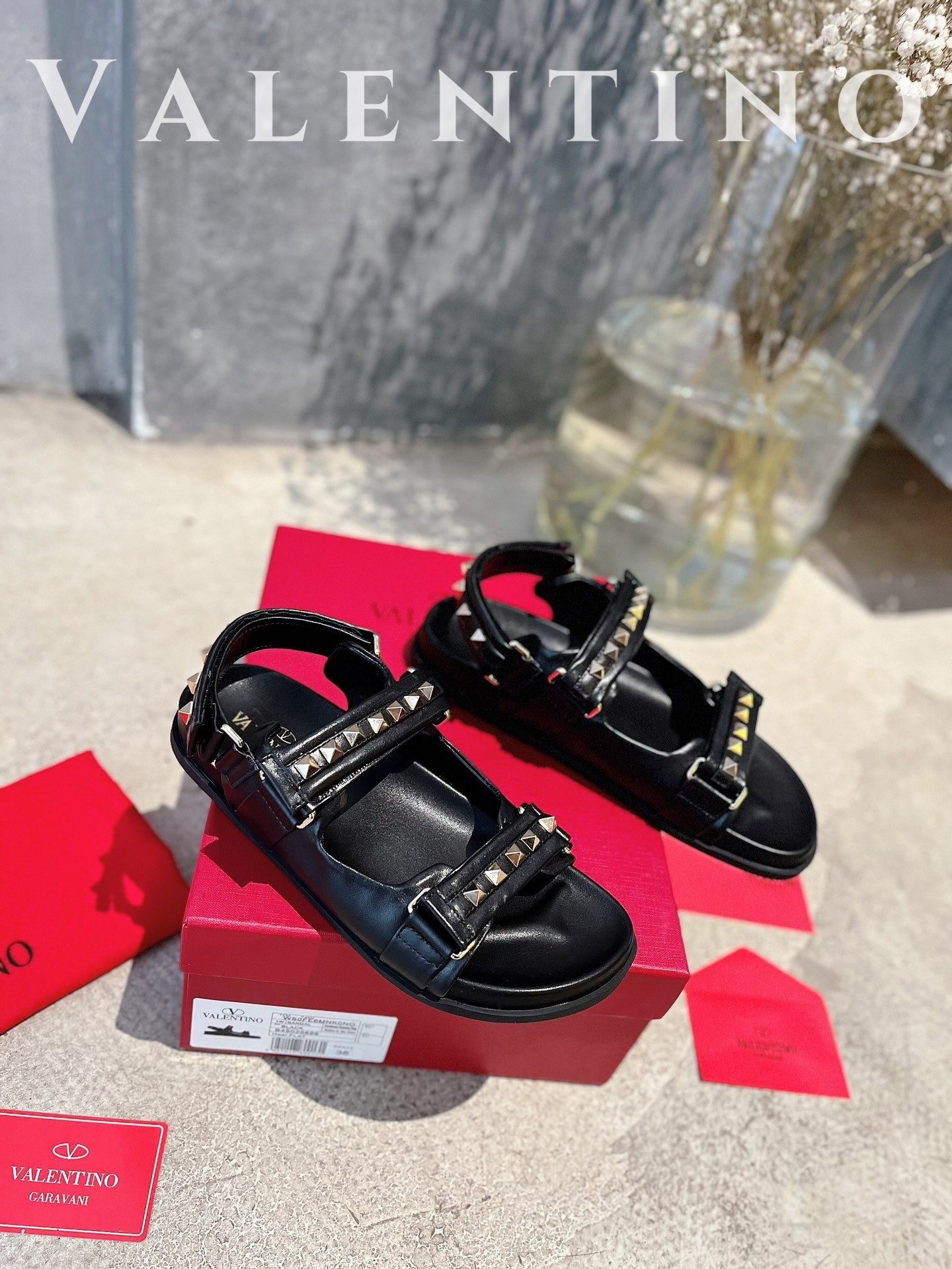 valentino summer new black beach sports velcro beach rivet cowhide sandals xzh128