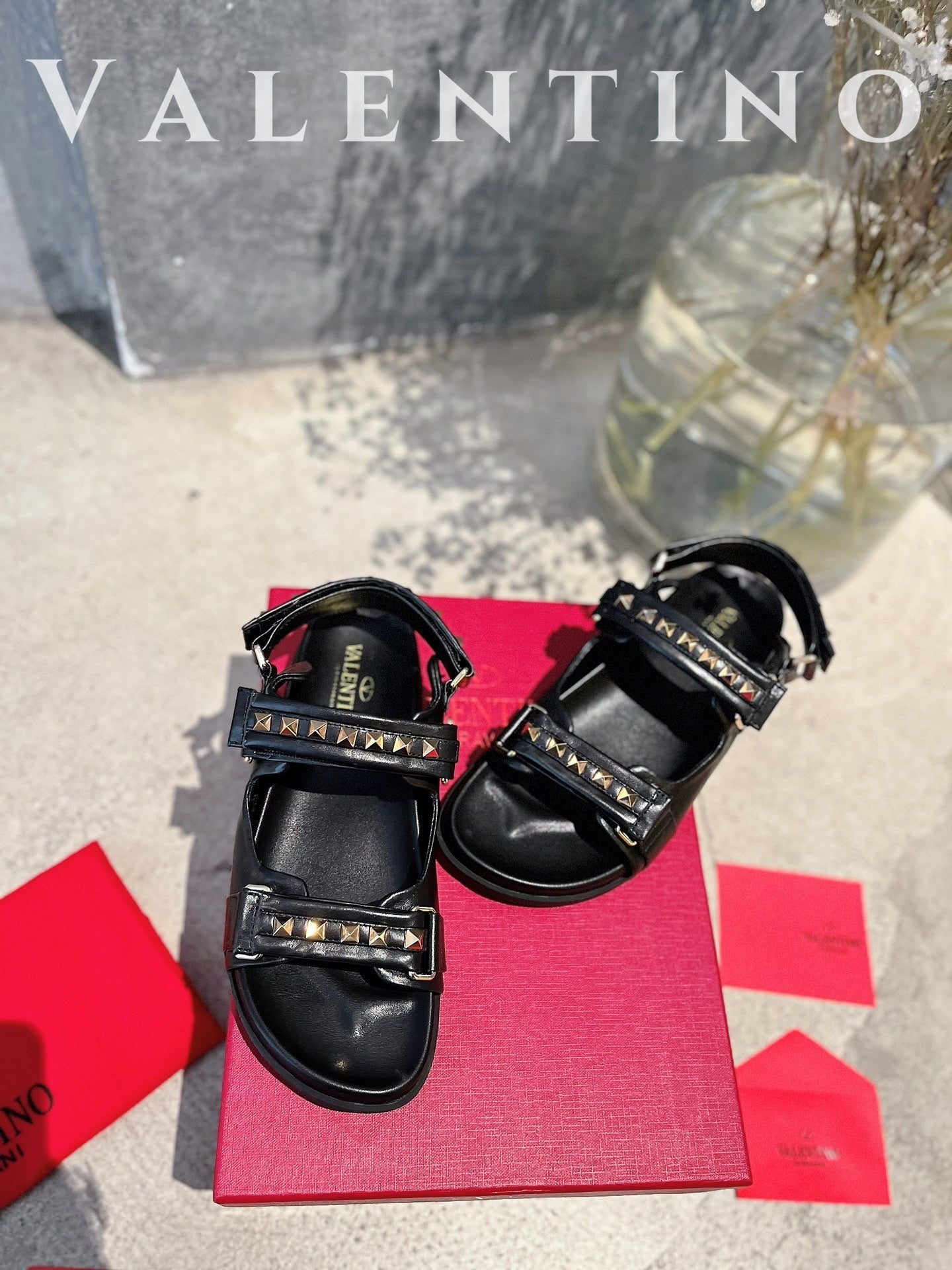 valentino summer new black beach sports velcro beach rivet cowhide sandals xzh128