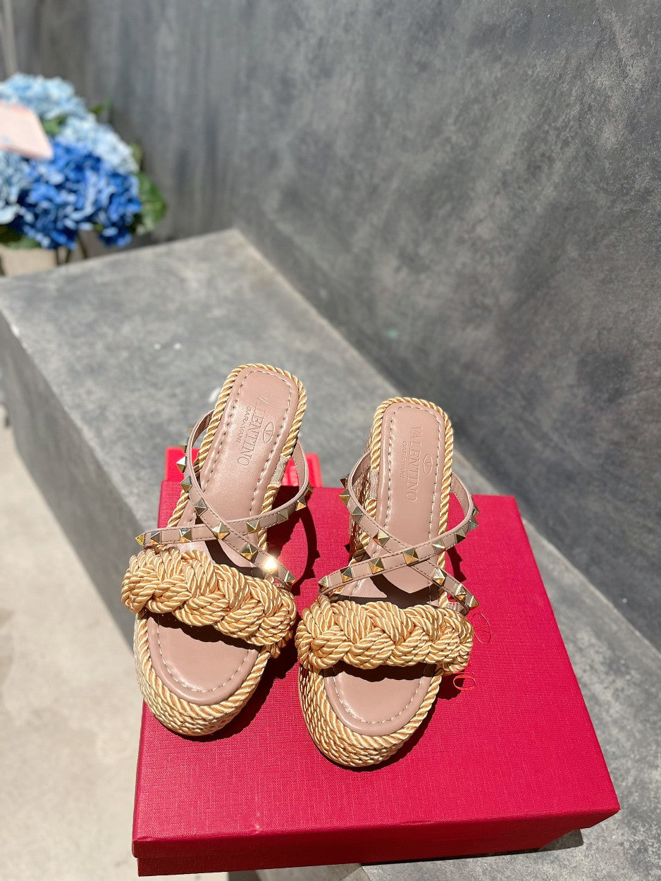 V Apricot Rivet Hemp Woven Slope Heel Sandals XZH211