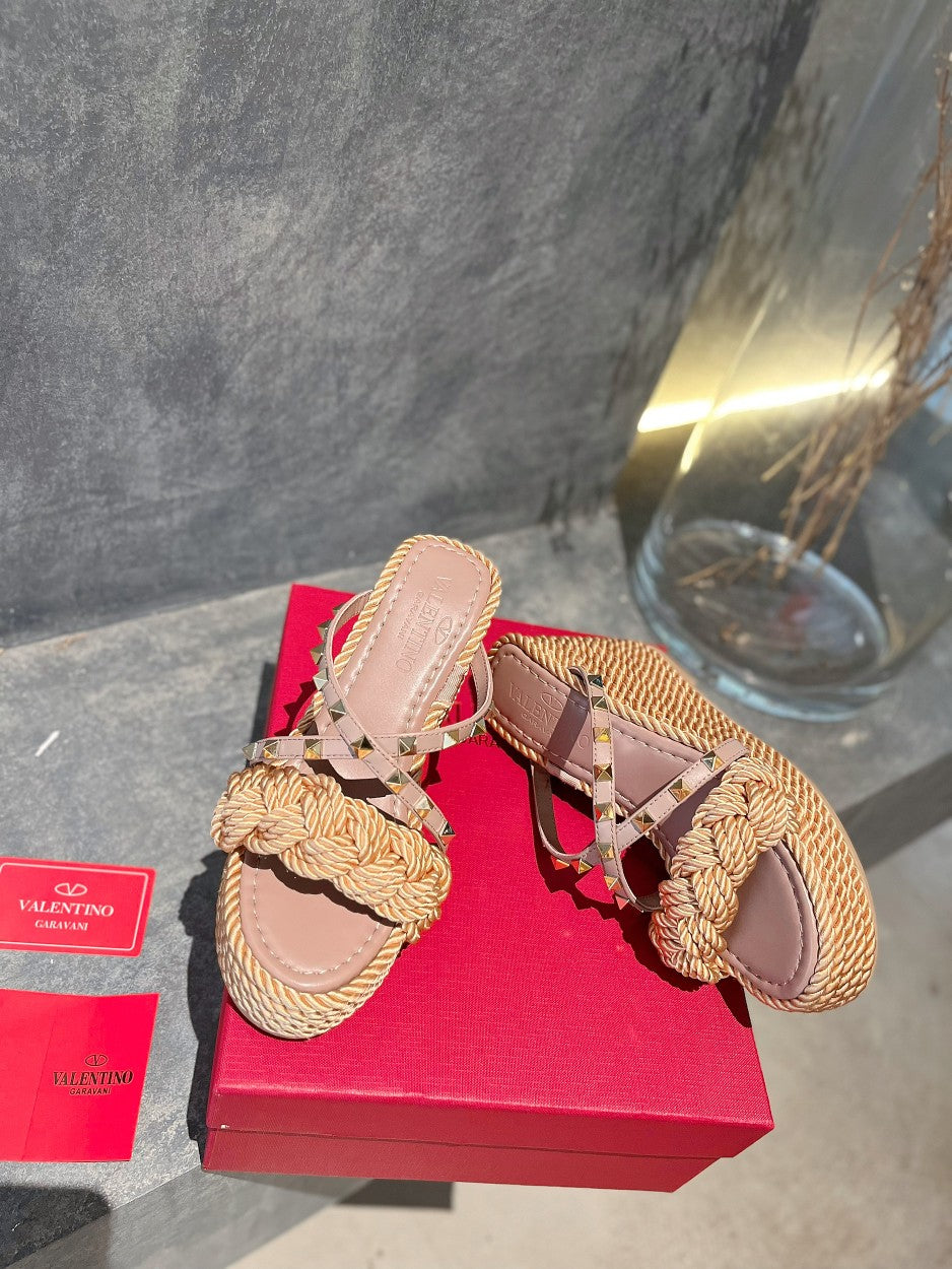 V Apricot Rivet Hemp Woven Slope Heel Sandals XZH211