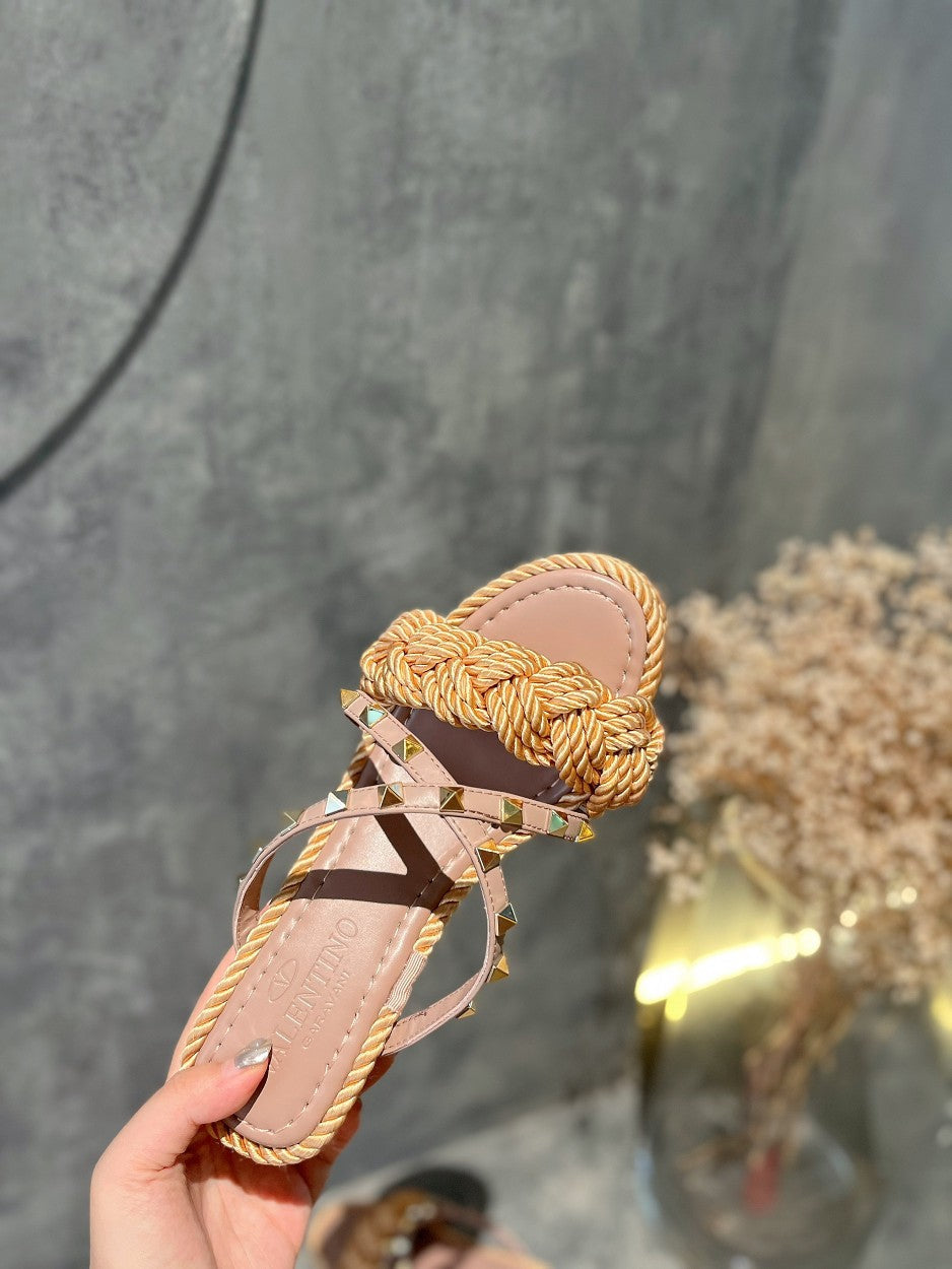 V Apricot Rivet Hemp Woven Slope Heel Sandals XZH211