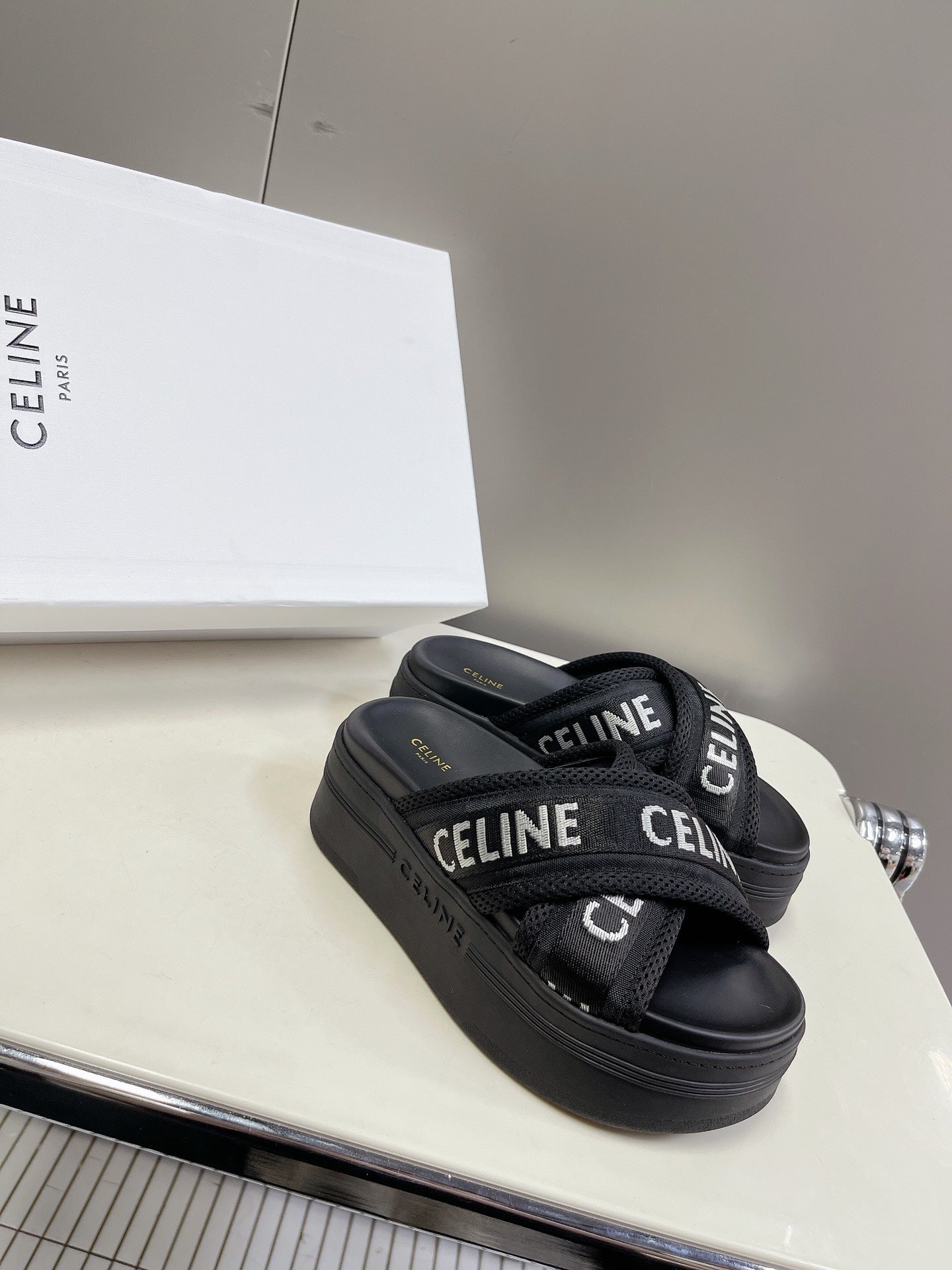 Celine Block Mesh Black Jacquard Fabric Thick Sole Sandals XZH200