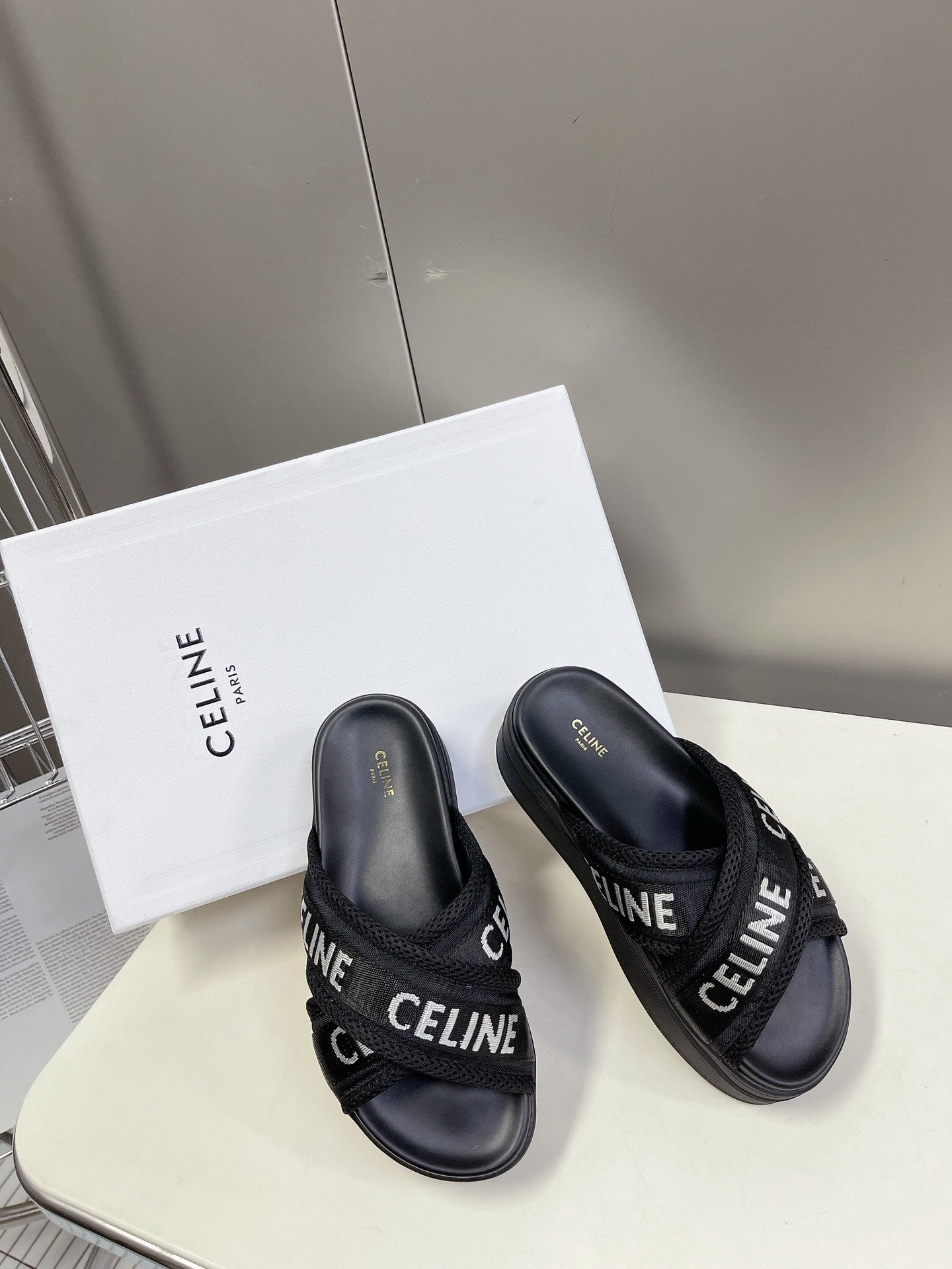 Celine Block Mesh Black Jacquard Fabric Thick Sole Sandals XZH200