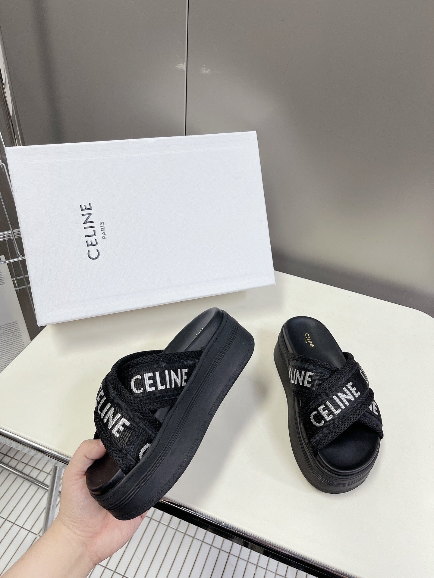 Celine Block Mesh Black Jacquard Fabric Thick Sole Sandals XZH200