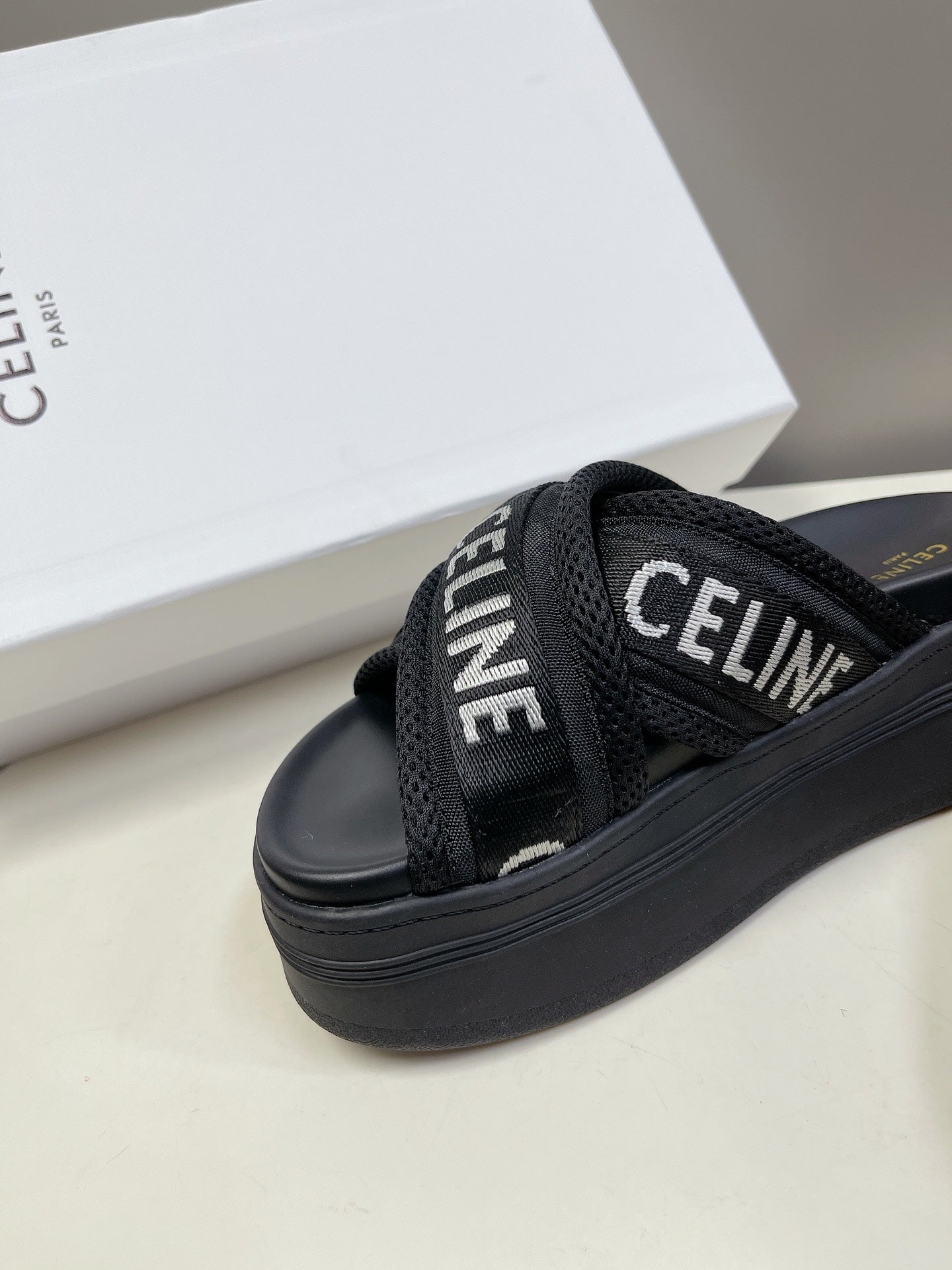 Celine Block Mesh Black Jacquard Fabric Thick Sole Sandals XZH200