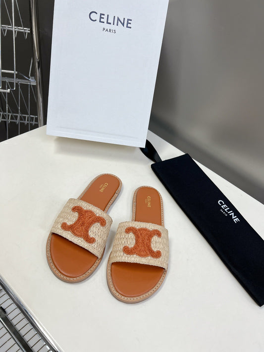 Fashionable casual grass woven shoes, flip flop sandals, cowhide flat bottomed English orange women's shoes XZH84