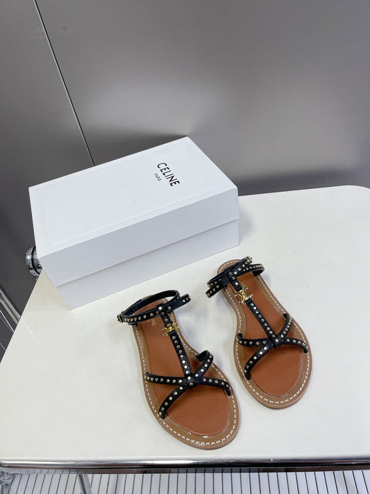 Celine Spring/Summer Retro One word Flat Shoes Black Willow Nail Open Toe Sandals XZH76