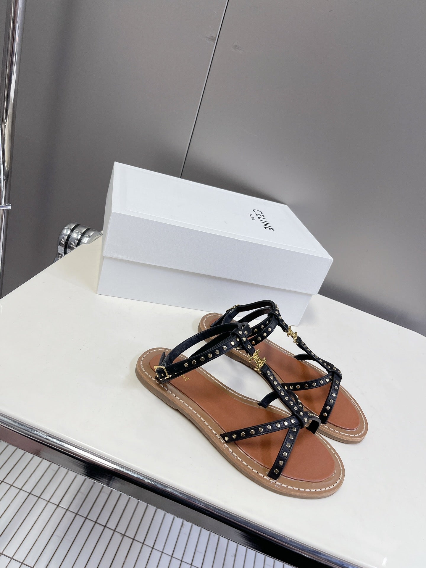 celine spring summer retro one word flat shoes black willow nail open toe sandals xzh76