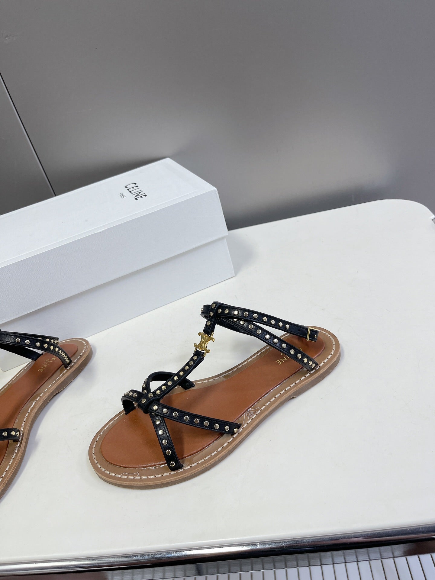 celine spring summer retro one word flat shoes black willow nail open toe sandals xzh76