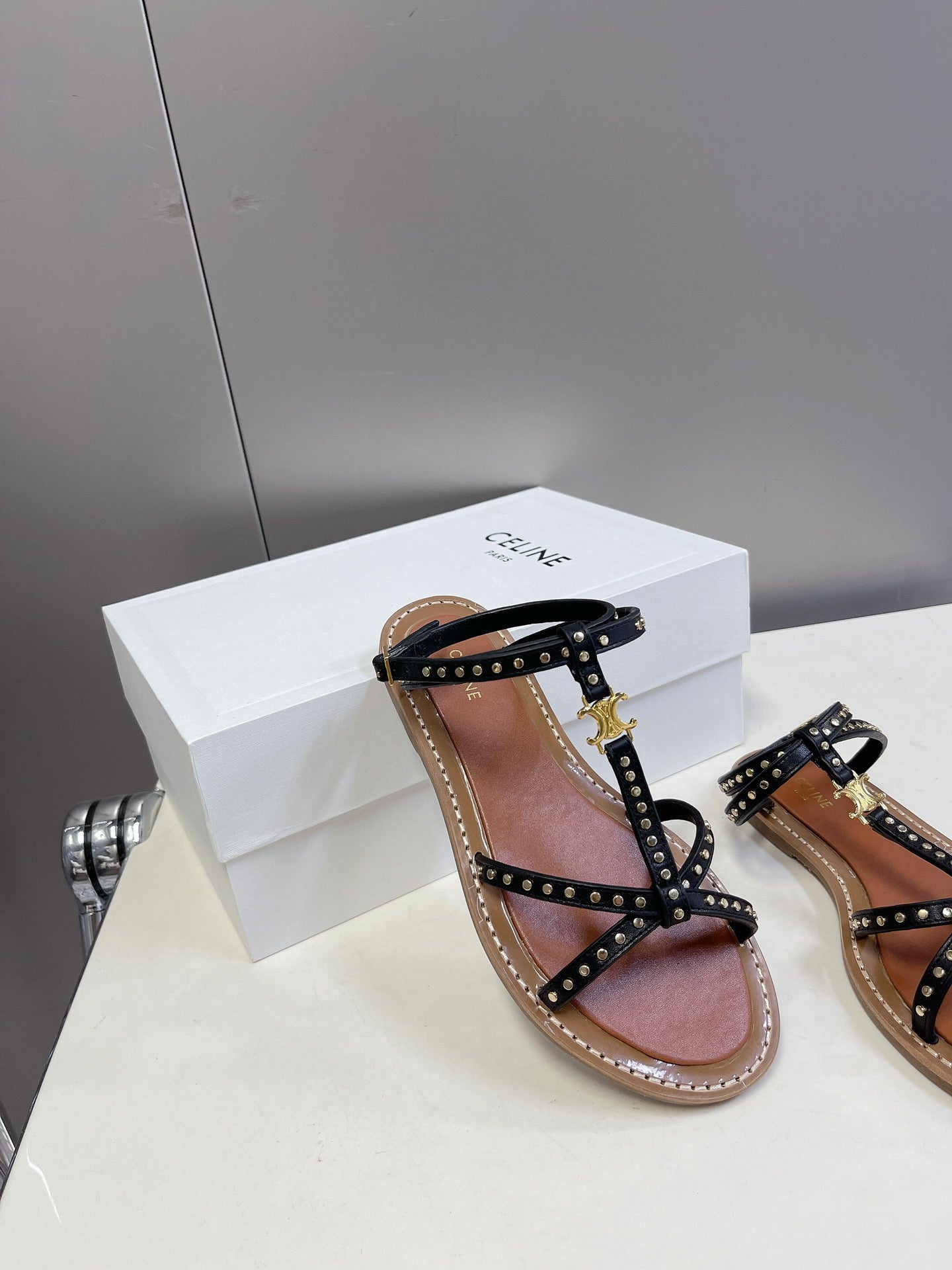 celine spring summer retro one word flat shoes black willow nail open toe sandals xzh76
