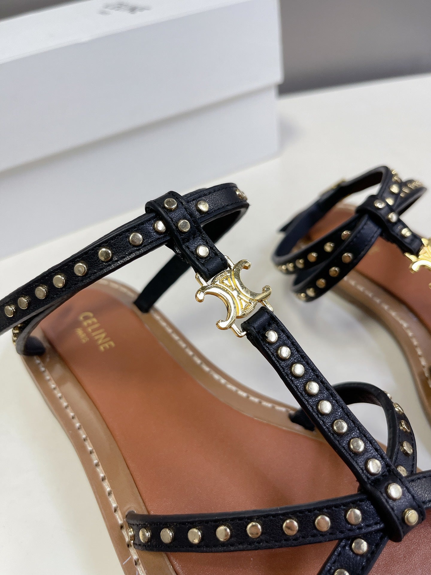 celine spring summer retro one word flat shoes black willow nail open toe sandals xzh76