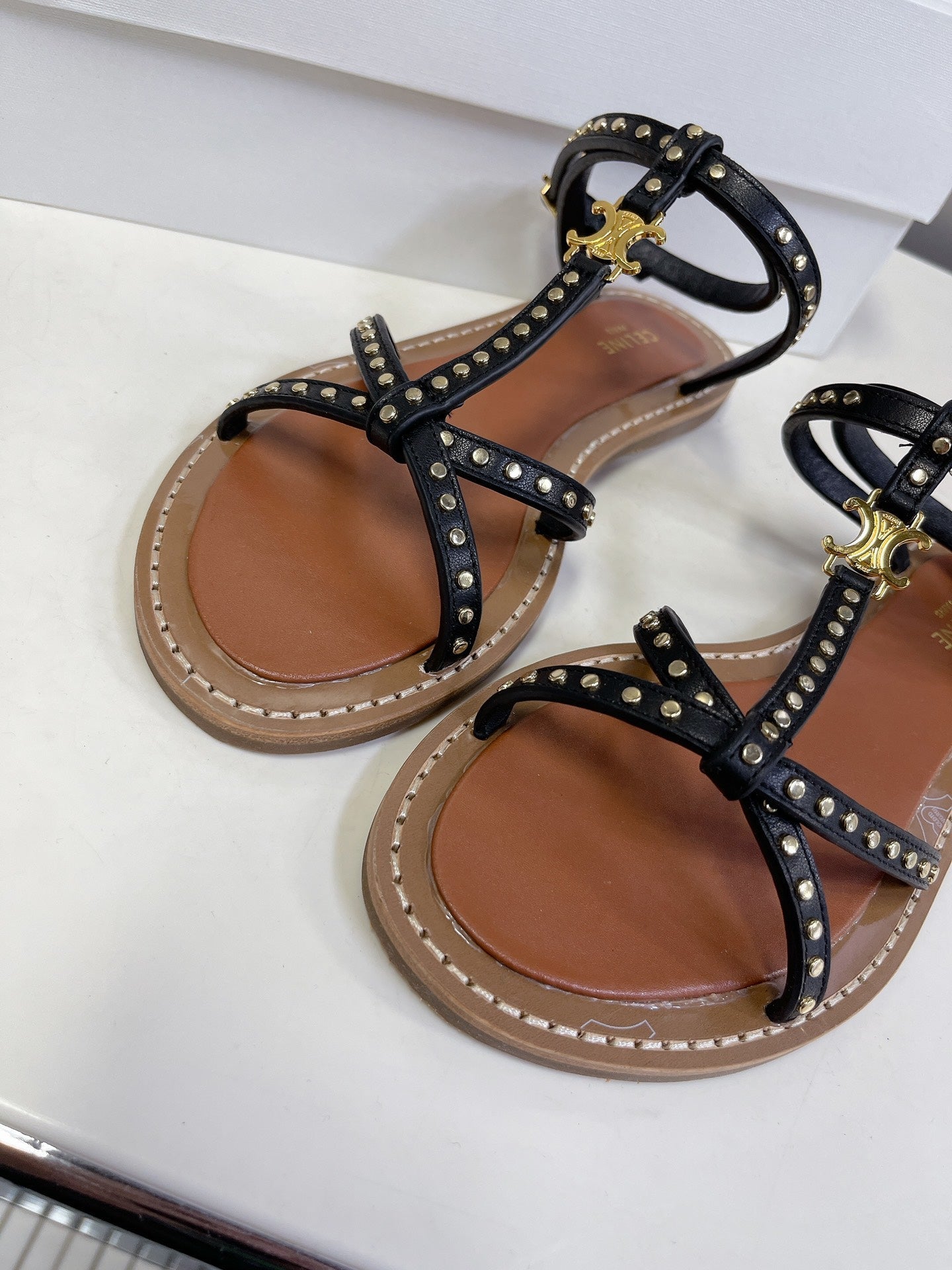 celine spring summer retro one word flat shoes black willow nail open toe sandals xzh76