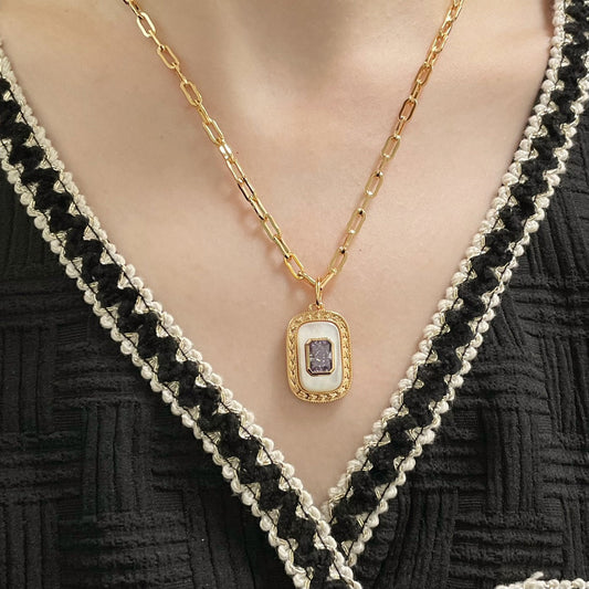 V Gold Purple Diamond Block Gold Necklace XLA109