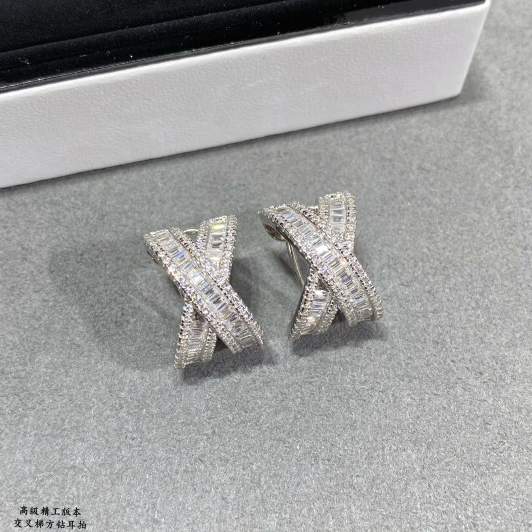 Cross trapezoidal square diamond butterfly platinum earrings EHA145